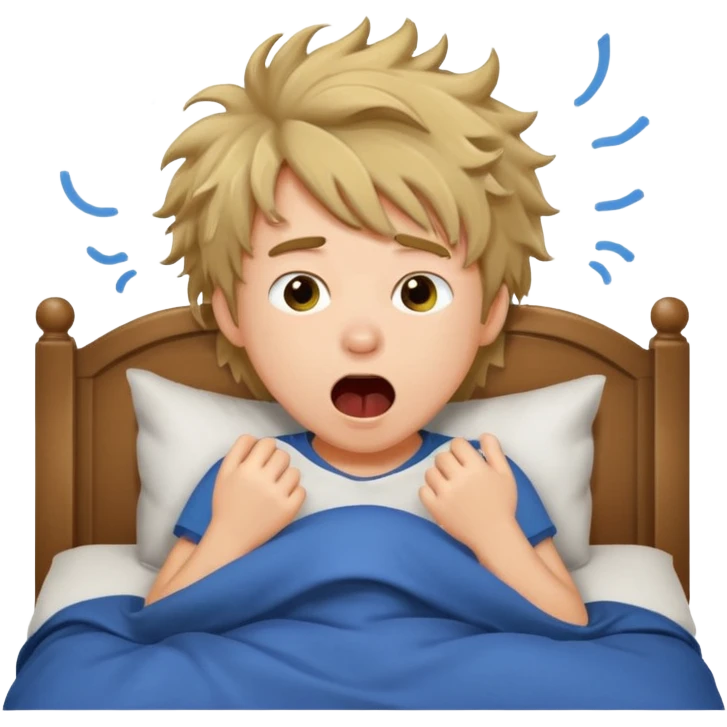 emoji- of a cute boy waking up in bed. He is yawning or rubbing his eyes.  emoji