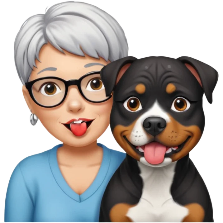Pitt bull rottweiler white muzzle with black spots tongue out next to middle aged woman with short silver hair emoji