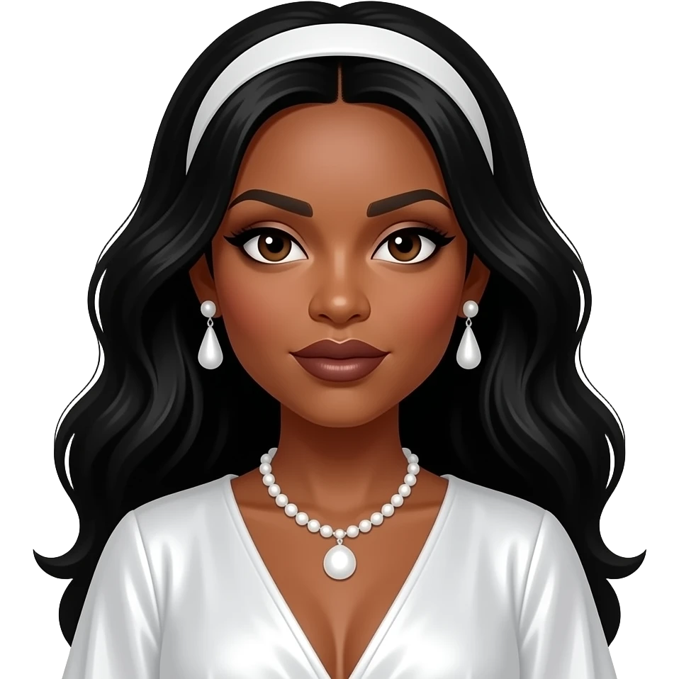India Arie with dark brown eyes, long black hair, white eyeshadow, dark brown lipstick, white headband, white metallic caftan dress, white necklace and earrings emoji