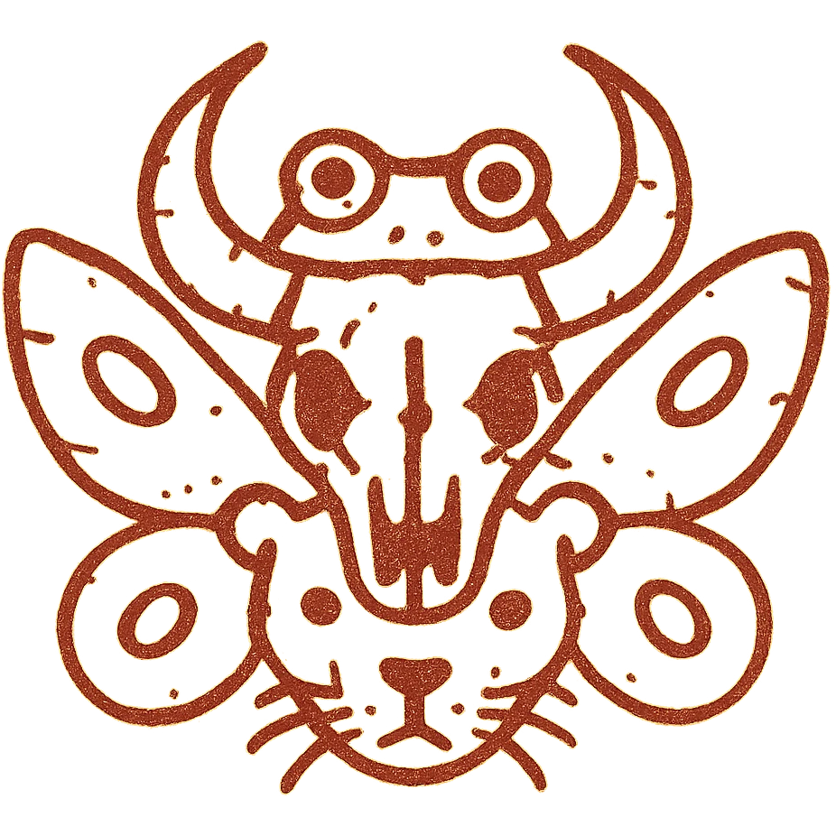 an extremely distressed red line art icon of a hybrid head with minotaur skull, stoat features, frog elements, and moth wings, with severely incomplete perimeter, numerous missing lines around the edges, parts appearing to fade away entirely, extremely weathered with large gaps, torn sections, and heavily eroded appearance, minimal thin red lines only emoji