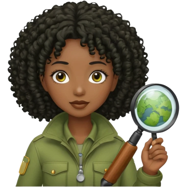 dark skin curly black haired woman in moss green explorer outfit, holding magnifying glass emoji