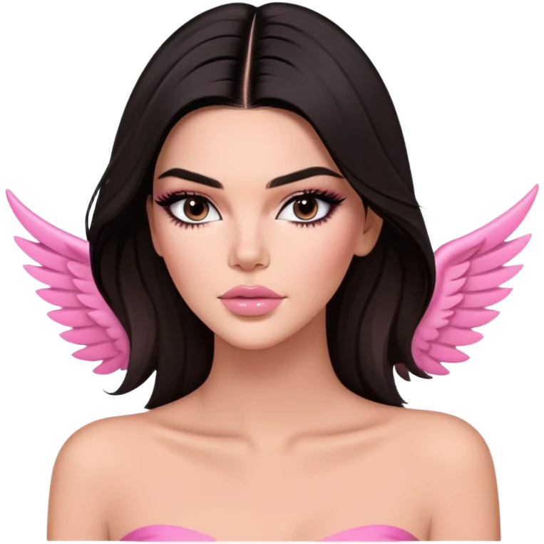 Kendall Jenner model, elongated face, long flowing dark hair, pink glossy lips, pink blush on cheeks, dramatic winged eyeliner, bare shoulders emoji