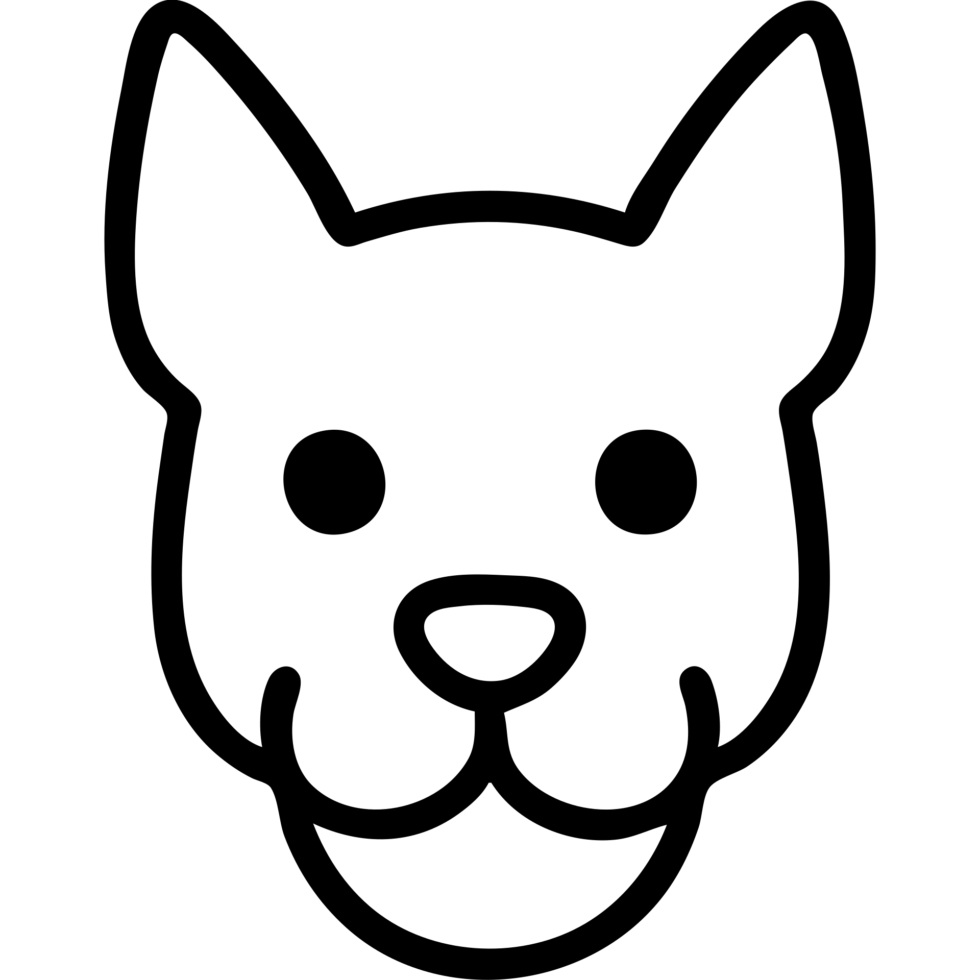minimalist black and white outline of a dog's head, pointed ears, round snout, big round eyes, simple lines, cute cartoon style emoji