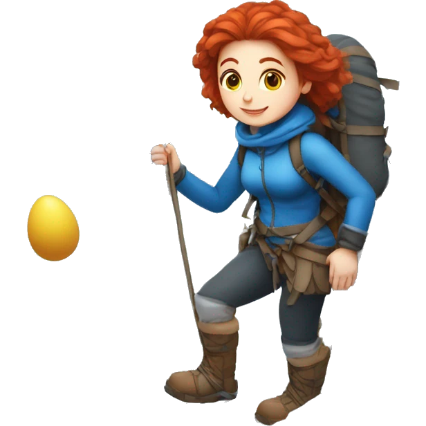 Greek Female winter mountaineer red hair white skin climbing with Greek Flag and Easter eggs basket emoji