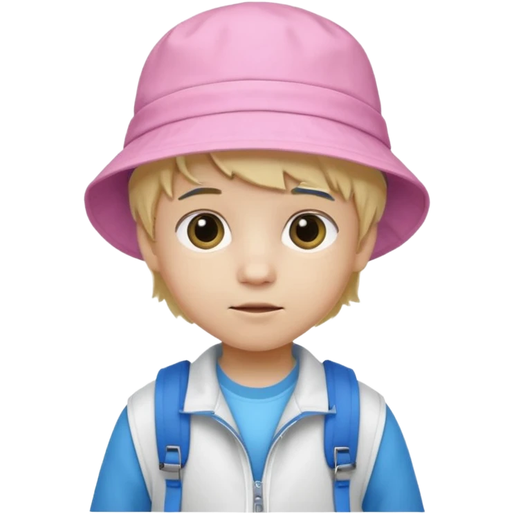 A little boy student white skin, blonde hair, with pink bucket hat, white jacket, blue backpack emoji