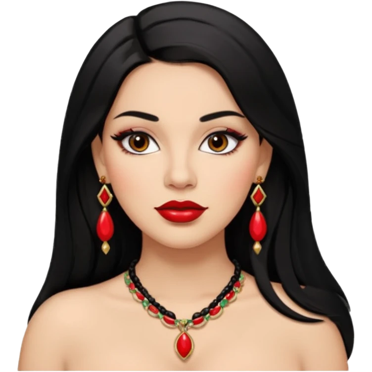 Mexican Light skin big brown eyes glamorous full figured women black medium straight hair red lips necklace and earrings long lashes emoji