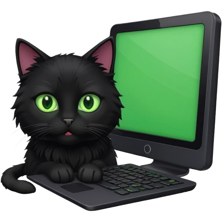 black cat working on a computer. emoji