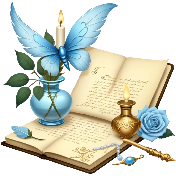 A dreamy, romantic scene of a candle-lit desk with an open love letter, a feather quill dipped in golden ink, an ornate perfume bottle, and a bouquet of pale blue roses resting beside a pearl-adorned butterfly.
 emoji