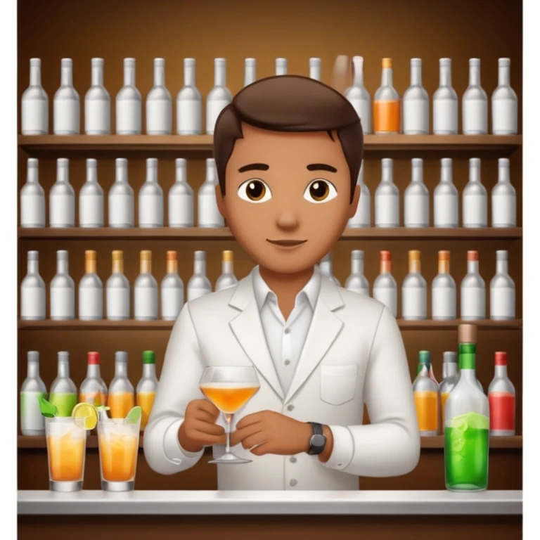bartender mixing drinks, club backgroudn with bottles emoji
