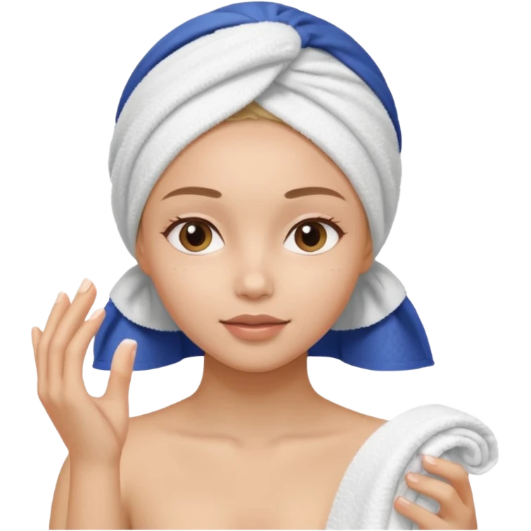 A gril that her head covered with towel and skincare plis hide the hair and this girl shuold be using a skincare product emoji