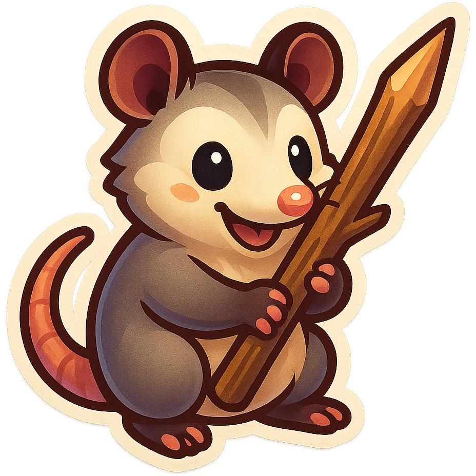 cute cartoon possum holding a large sharp stick, sticker-like style emoji