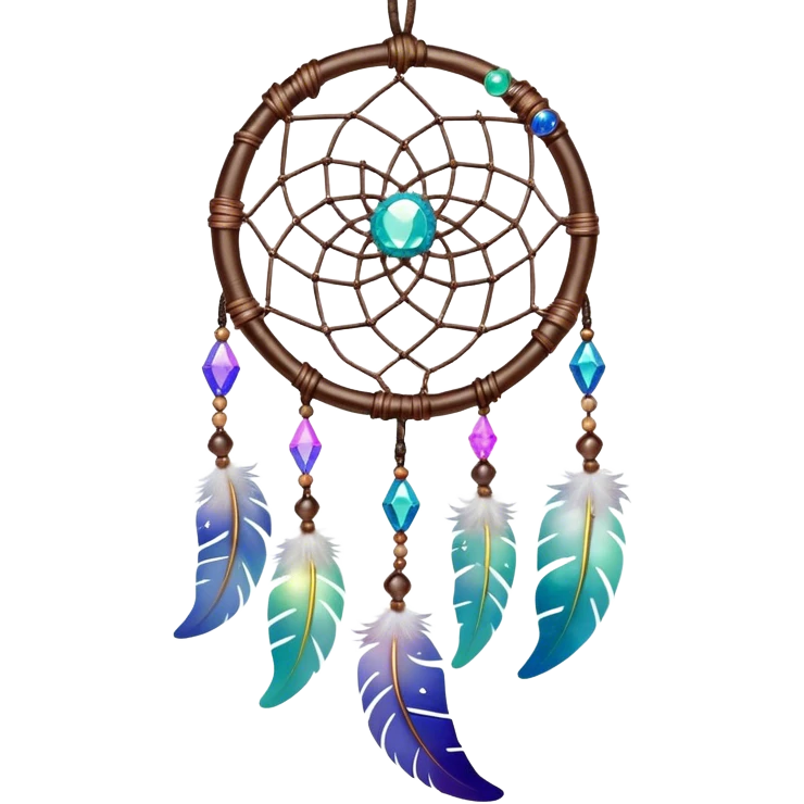 Iridescent shiny transparent crescent nebula Dreamcatcher-suncatcher hanging from a thread, with gemstones, and beads emoji