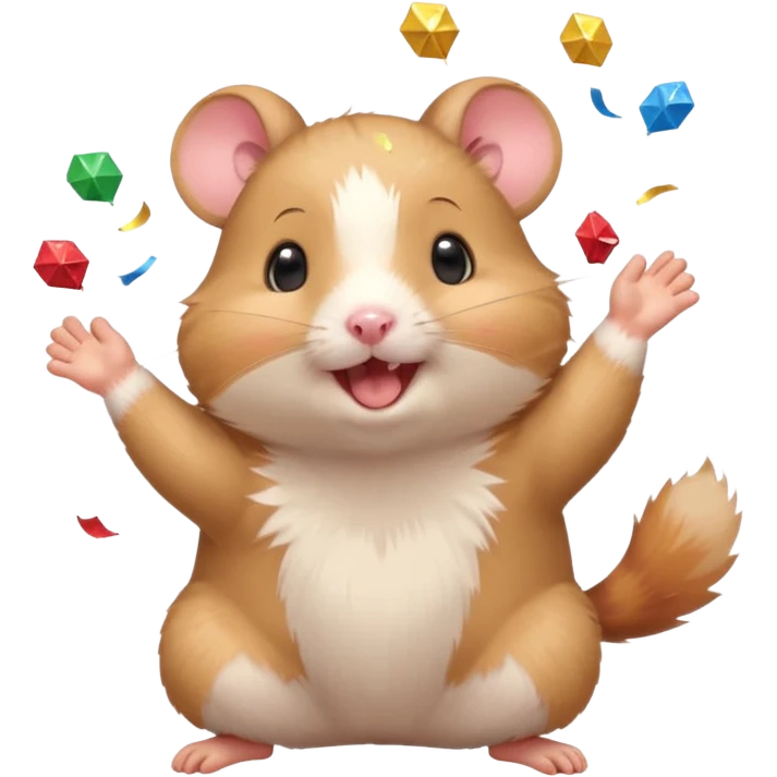 Cute cartoon-style hamster throwing confetti, holding a tiny medal, joyful expression. Painterly shading, white background, sticker-style illustration emoji