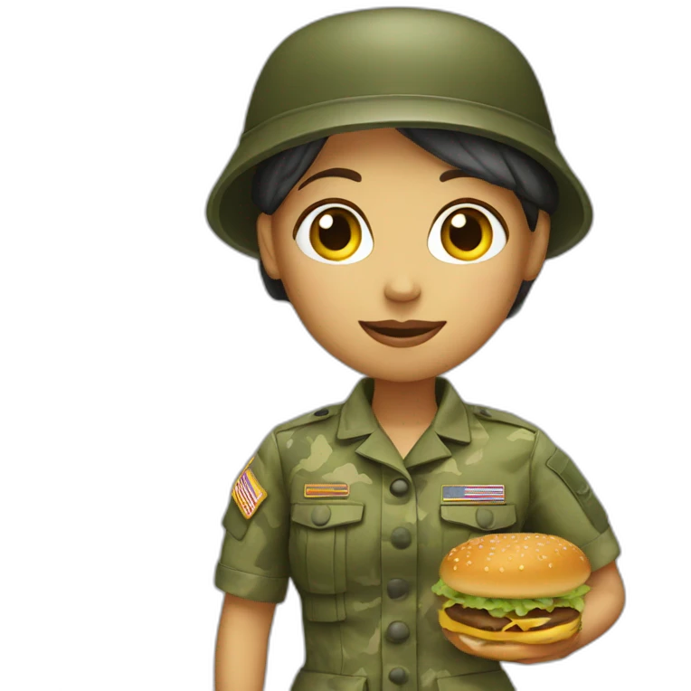 A girl in the army with a hamburger emoji