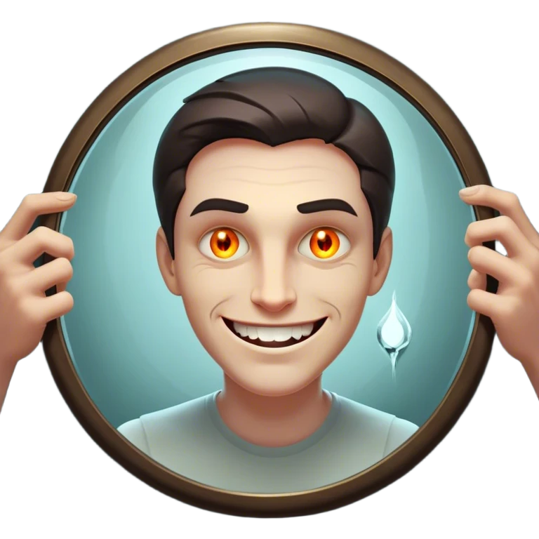 A smug, charismatic figure holds a mirror their reflection. in the glass—glowing, predatory eyes a tgrin, or deep cracks symbolizing a **fragile ego**. Their grip is tight, as if clinging to the illusion of perfection, shadows  behind them, revealing the manipulation hidden beneath their charm. emoji