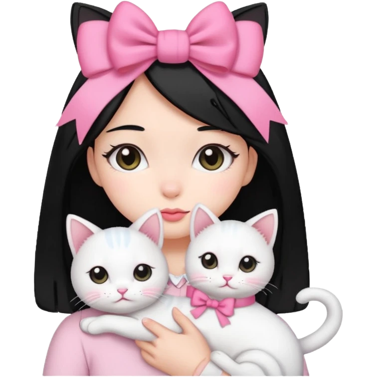 A gurl black hair with one pink bow holding one white cat emoji