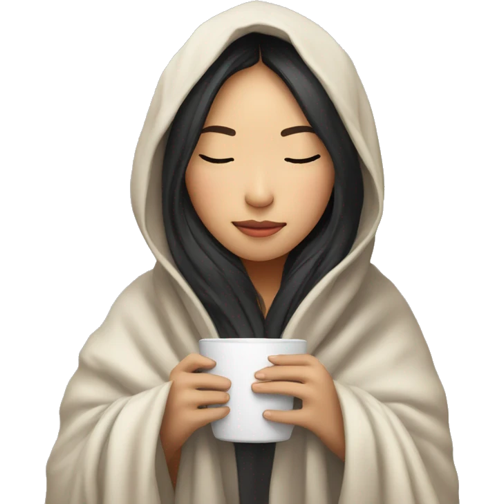 asian girl inside a blanket sipping coffee eyes closed emoji