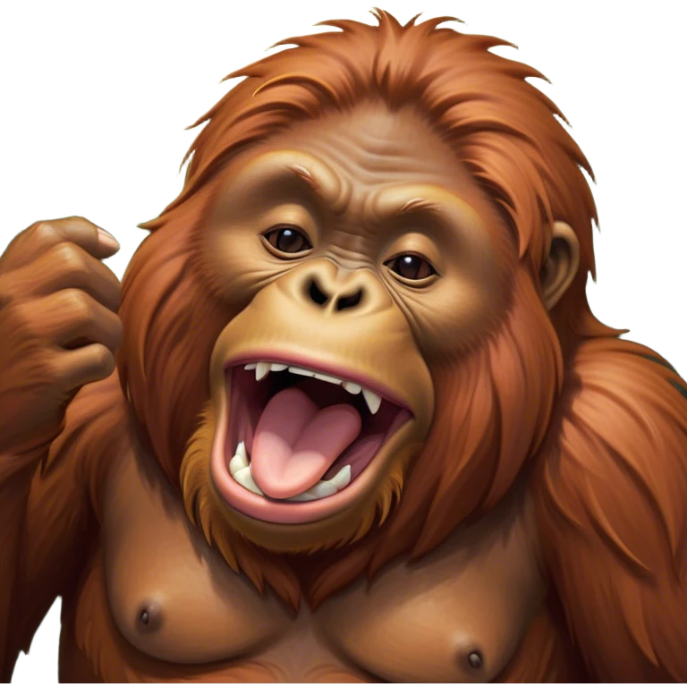Cinematic Cute Yawning Orangutan Portrait Emoji, Head tilted slightly with a dramatic, wide-open yawn, showcasing a richly textured face with half-closed, sleepy eyes and a relaxed, open expression, Simplified yet irresistibly adorable features, highly detailed, glowing with a soft, cozy jungle glow, high shine, relaxed yet expressive, stylized with a dash of whimsical charm, soft glowing outline, capturing the essence of a drowsy yet affectionate guardian that appears ready to stretch out for a nap! emoji