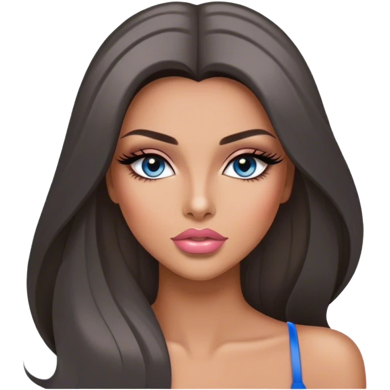 Glamours, tanned, very beautiful girl, with big pump peach-beige-rose lips, long long lashes, black straight smooth silky long hair, straight parting hair, blue-grey eyes emoji