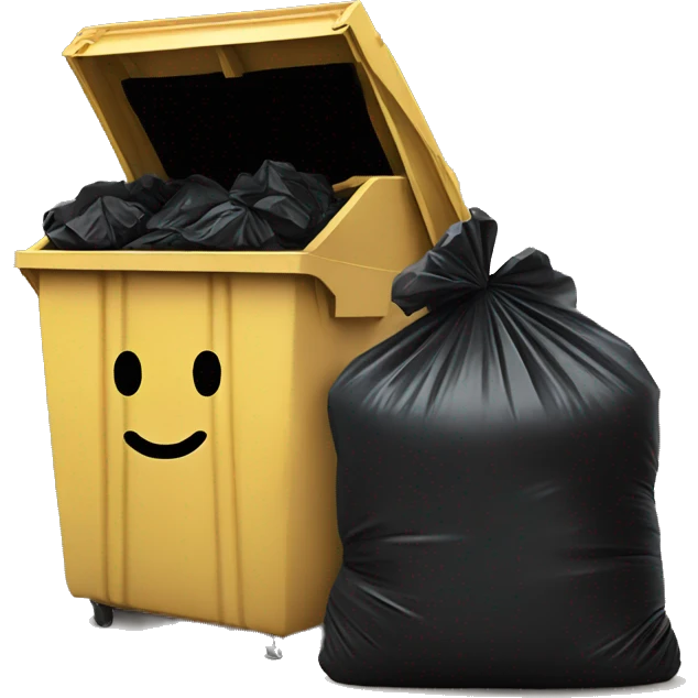 dumpster with black trash bags next to it and trash in it emoji