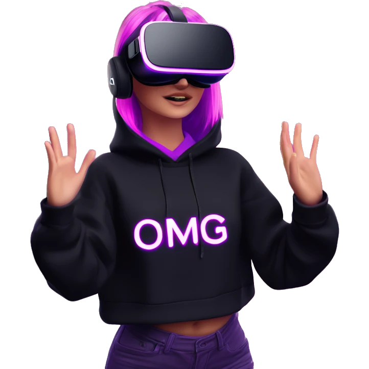 Russian girl wearing black hoody with violet letters "OMG", in vr headset oculus quest2. Dancing. Cyberpunk style. Violet neon. emoji