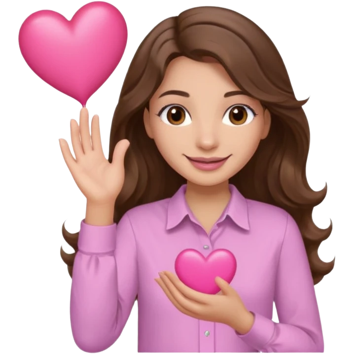 girl with wavy long brown hair, brown eyes, light to medium complexion, long lashes, light pink lipstick, wearing light pink shirt, smiling, hands holding a pink heart emoji