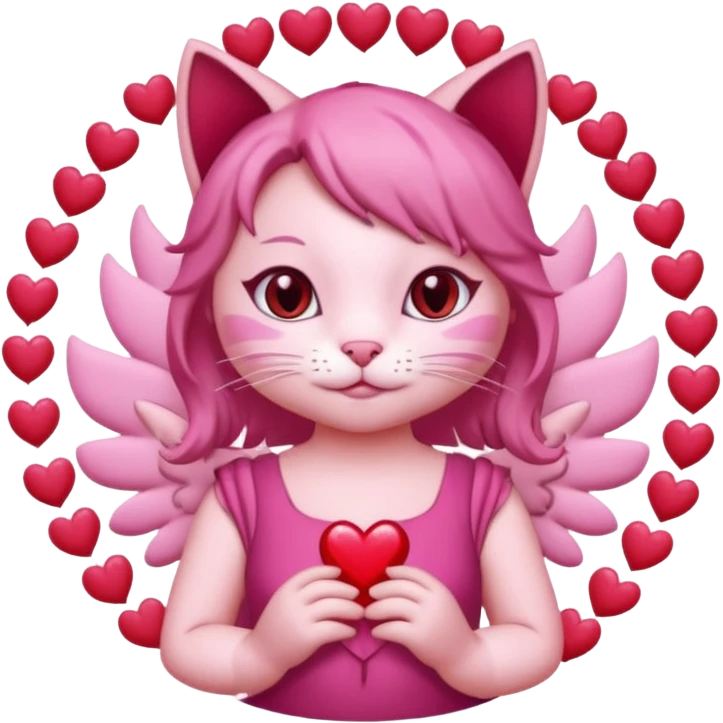 a pink cat who is doing this 🫰 and she has like red hearts around her head like a angel circle. the cat is going to have on a dark pink dress with a bow. emoji