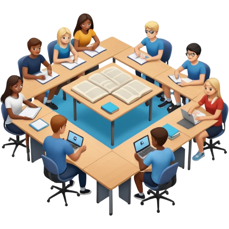 Birdseye view of large study space with students working separately add students wearing Vision Pros emoji