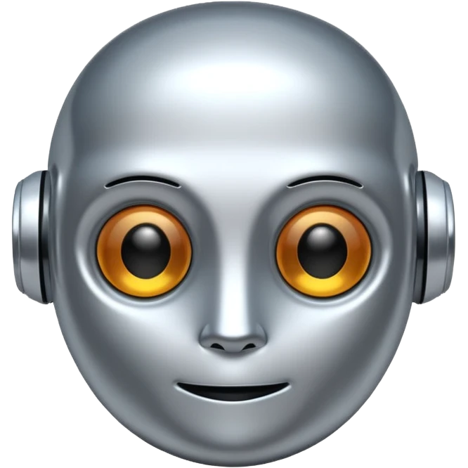 A cute futuristic robot emoji made of silver chrome, rounded friendly body, minimal facial features, glossy metallic surface, soft reflections, iOS emoji style, centered, clean white background emoji