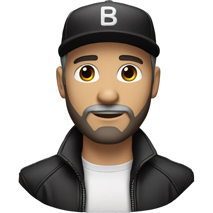 An adult white skin portrait of male with stubble and a slightly gray beard, brown hair, black eyes, wearing a black Reebok cap with a round emblem on his head, and a black leather jacket and stand collar. emoji
