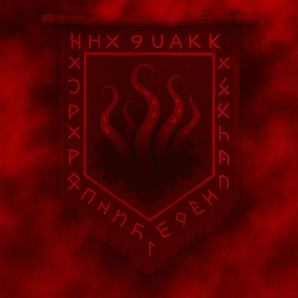 Change the color scheme to red and black with intense red fog and mist, creating an overall red horror palette. Keep all other details unchanged. emoji