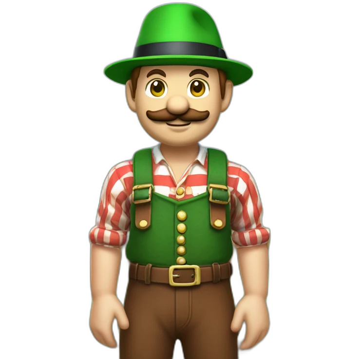 bavarian octoberfest visitor in super mario style. With a green hat, blue and white stripes shirt and brown leather pants.  emoji