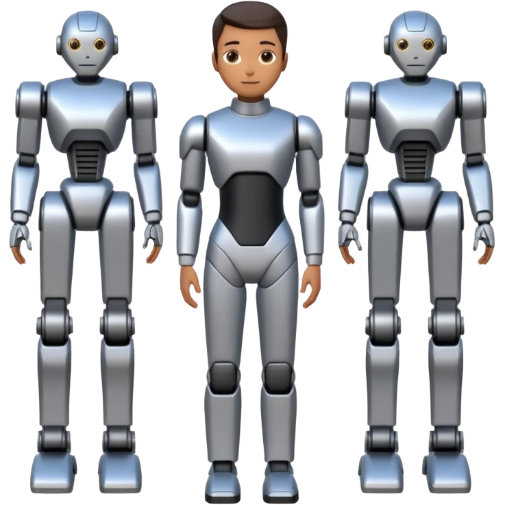 One person is waist-deep, next to simplified forms of robots or manipulators without details, the lines are clean and geometric. emoji