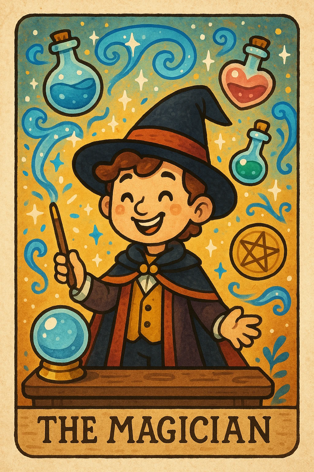 the magician tarot card, whimsical cartoon style, smiling magician, floating magical objects, playful atmosphere emoji