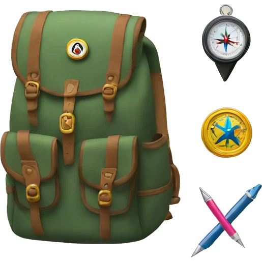 Backpack with college pins and compass emoji
