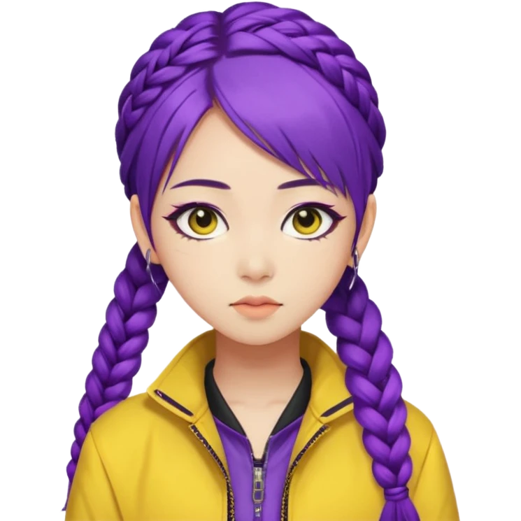 kpop hunters Rumi purple hair one large braid, asian, yellow jacket and wearing eyeliner emoji