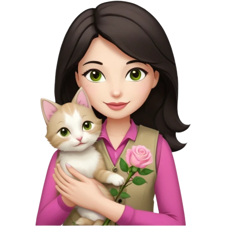 Make me an iphone avatar sticker of a woman with slightly brown black wavelength hair, dark brown eyes, slightly yellow white skin, pink lips, brown clothes and cream vest with a rose flower motif who is smiling and hugging a white kitten with green eyes. emoji