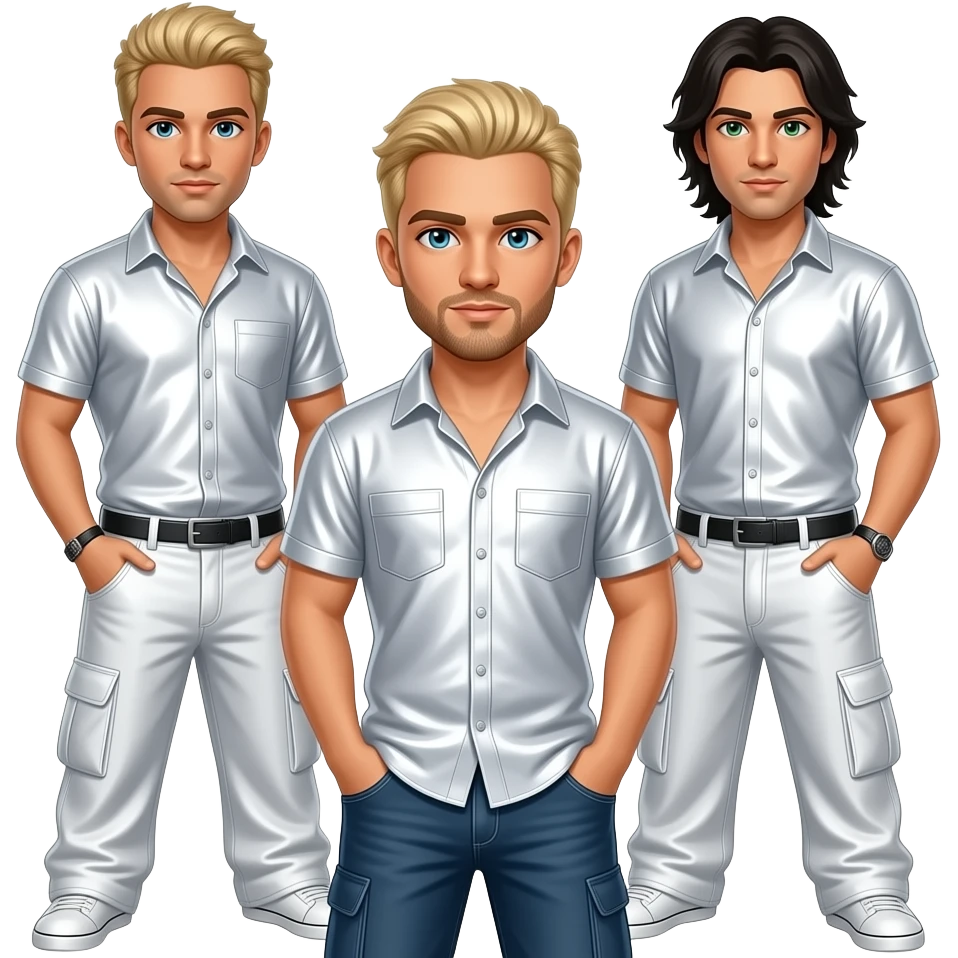 Backstreet Boys with Nick with blue eyes, blonde hair, white metallic shirt and baggy pants, Kevin with green eyes, long black hair, white metallic shirt and baggy pants emoji