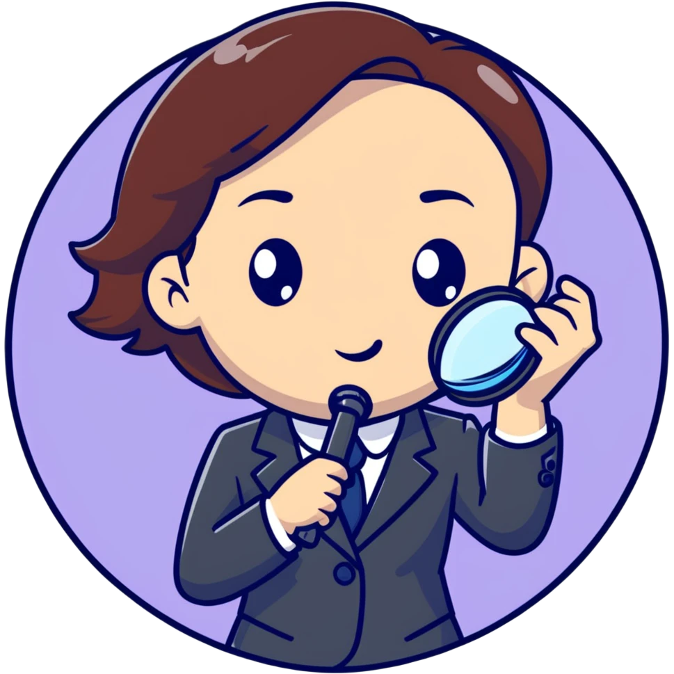 girl detective in a suit, peering through a magnifying glass, inquisitive expression emoji