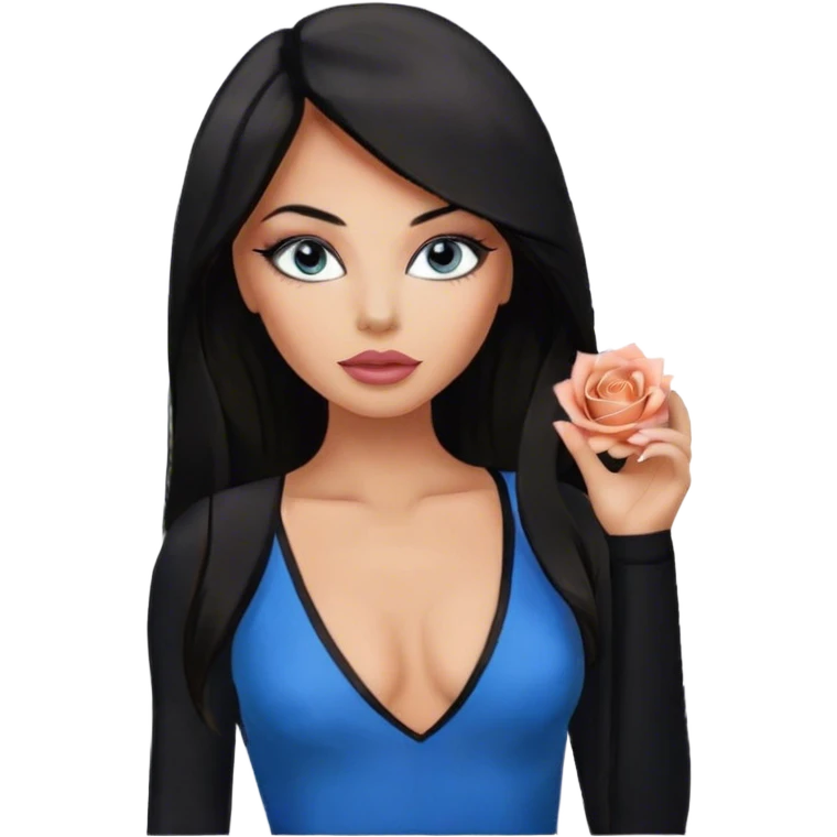 Glamours, tanned, beautiful, girl, with big pump peach-beige-rose lips, eyeliner, long lashes, black straight smooth silky long hair, straight parting hair, blueeyes in black v-neck bodysuit emoji