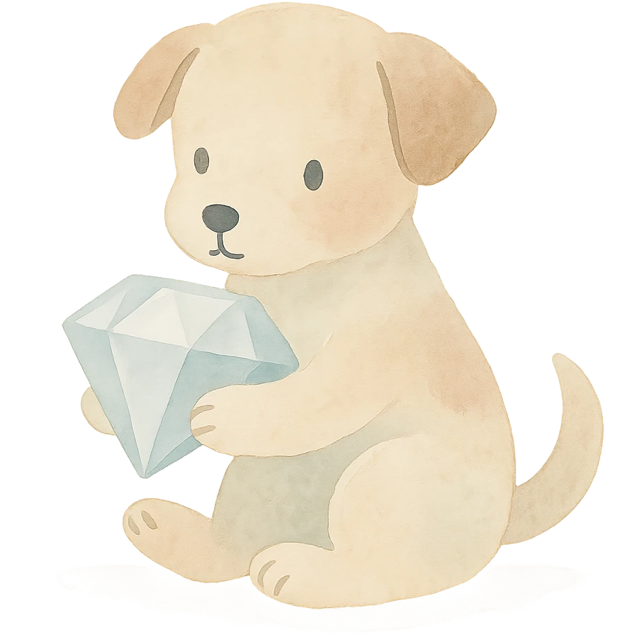 playful puppy holding a large diamond in its paws, watercolor art, pastel tones, delicate brushwork emoji