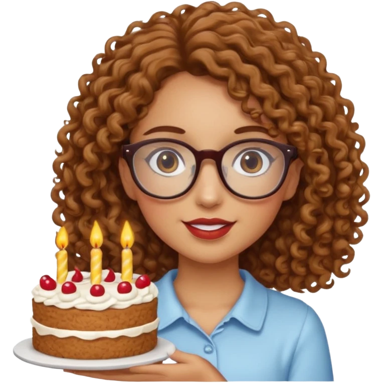 Tanned girl with brown curly hair wearing glasses with a cake  emoji