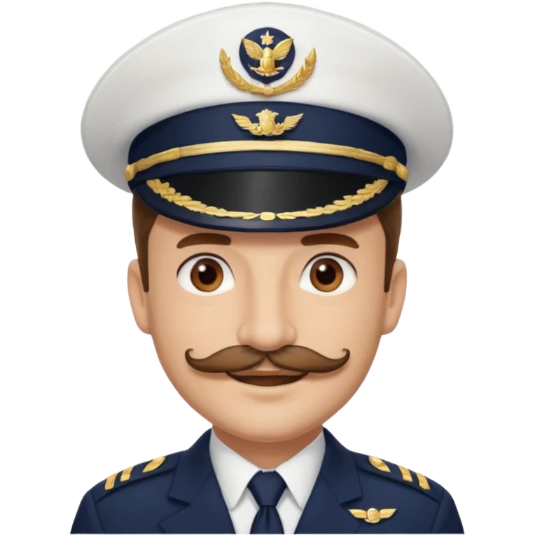 A light-skinned man with brown eyes and handlebar mustache, smiling while wearing a white captain’s hat with a navy emblem. emoji
