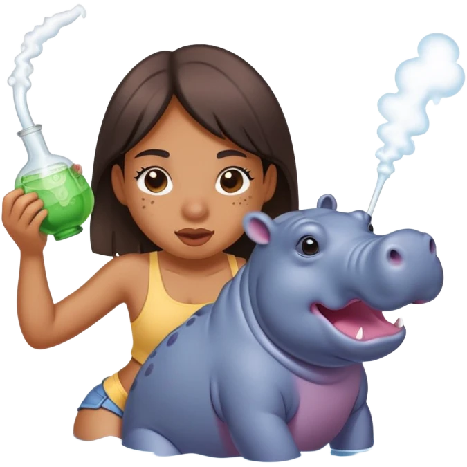 Girl hitting a rip of the bong with a really chill hippo emoji