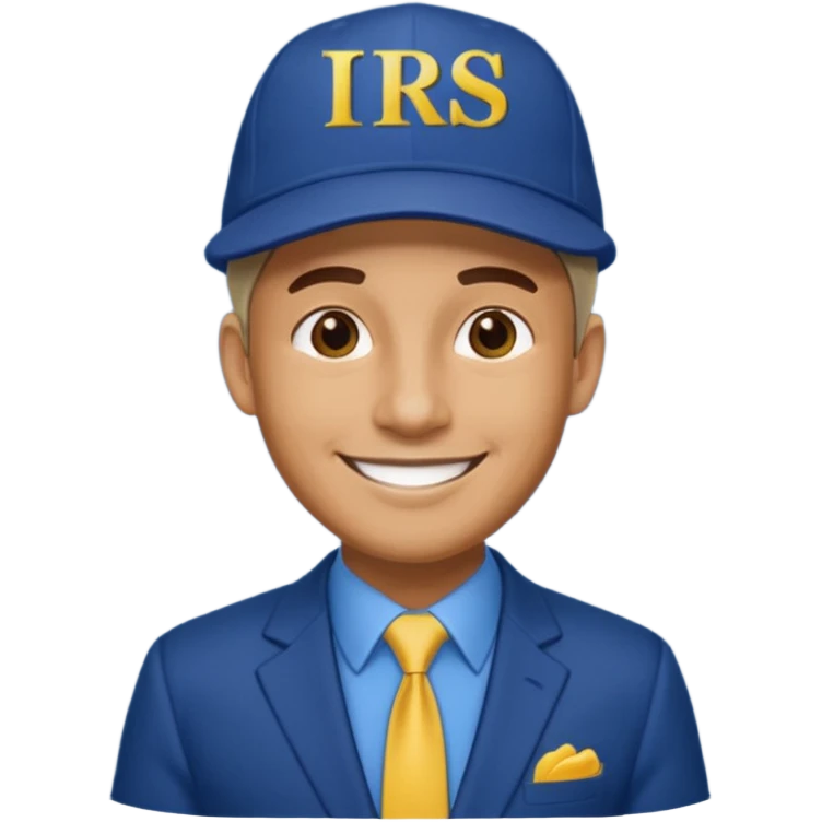a man smiling dressed in a blue suit with a cap on that says IRS in yellow letters emoji
