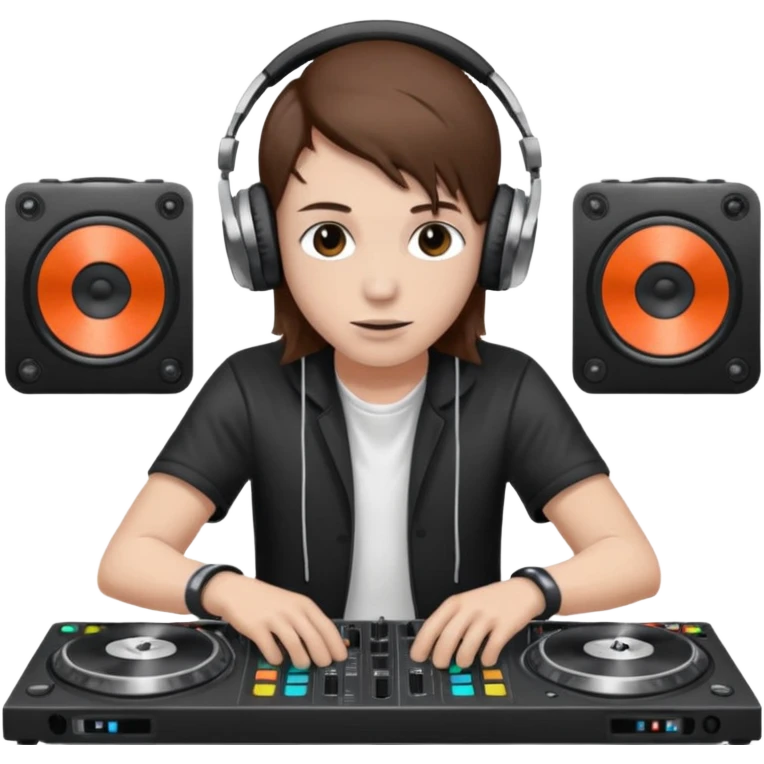 White skin dj mixing with dj booth, headphone on head, no cap, not bald, brown hair  emoji