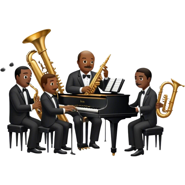 Icon for Jazz Music: Count Basie Orchestra, with Count Basie at the piano surrounded by jazz musicians playing instruments like saxophones, trumpets, and drums. Floating musical notes should capture the energetic and smooth vibe of big band jazz. Transparent background. emoji