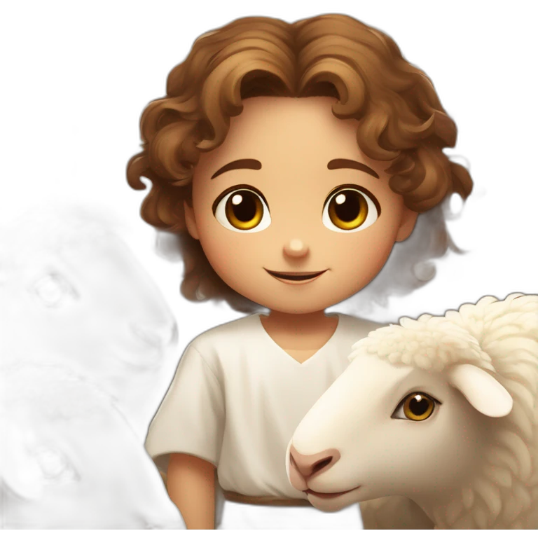 animated jesus child 3 year old boy honey colored eyes abundant wavy brown hair white tunic tender and loving and happy playing with sheep emoji