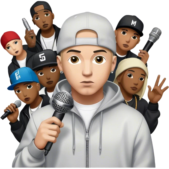 Icon for Hip-Hop Music: Eminem with his signature microphone, surrounded by other hip-hop icons. The design should reflect the raw energy of the genre with urban elements, graffiti, and vibrant colors. Transparent background. emoji