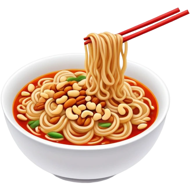 Chongqing Xiaomian spicy noodles with red oil and peanuts, simplified emoji style with bold outlines and bright colors, cartoon style Sichuan street food emoji